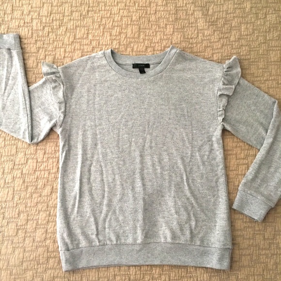 J. Crew Sweaters - J. Crew Light Gray Ruffle-Sleeve Crewneck Sweater